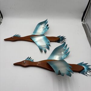 Set 2 Vintage Flying Geese / Ducks Wall Art Decor MCM Wood Metal Masketeers.
